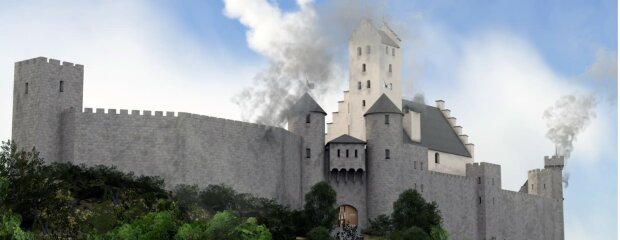 In der Rekonstruktion sieht man die ehemaligen Ausmaße der Burg Niederhaus.