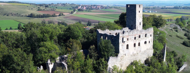 Die Ruine der Burg Niederhaus liegt auf dem westlichen Ende eines felsigen Höhenzuges über dem Tal des Forellenbachs.